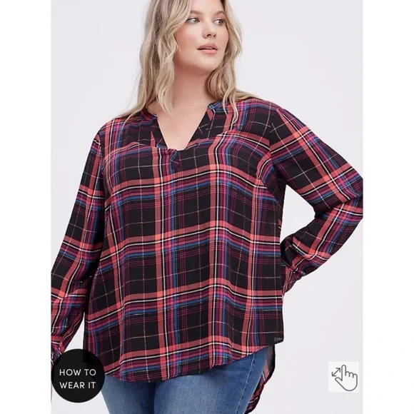 NWT TORRID Blouse - Georgette Plaid Foil Black - Picture 2 of 9